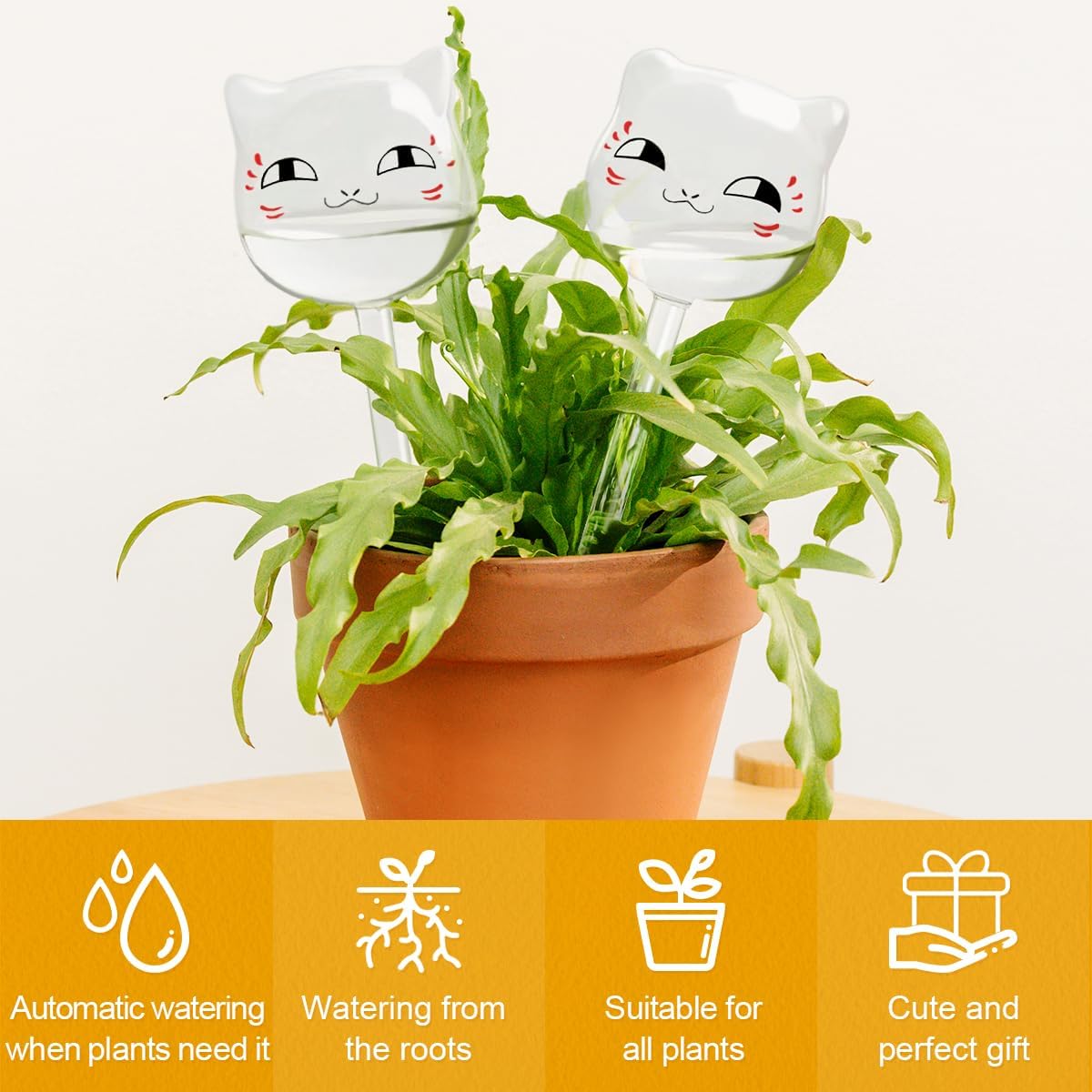3 PCS Cute Cat Glass Self-Watering Stakes – Cartoon Style Automatic Plant Watering Globes for Indoor & Outdoor Pots