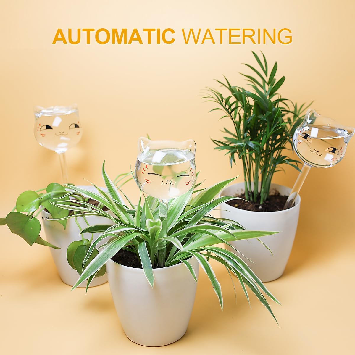 3 PCS Cute Cat Glass Self-Watering Stakes – Cartoon Style Automatic Plant Watering Globes for Indoor & Outdoor Pots
