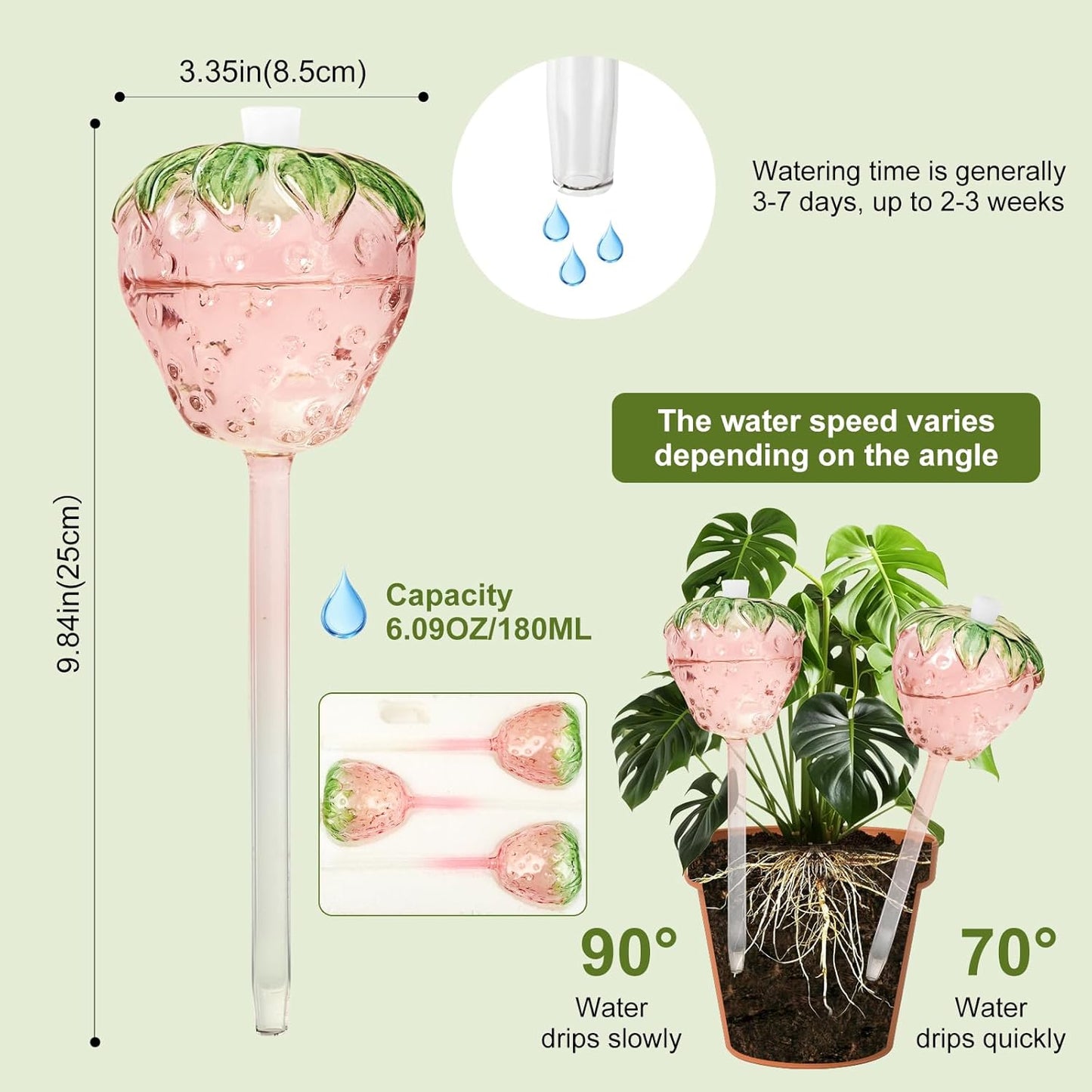 Strawberry Shaped Glass Plant Watering Globes | Automatic Self-Watering Bulbs | 2 Pack