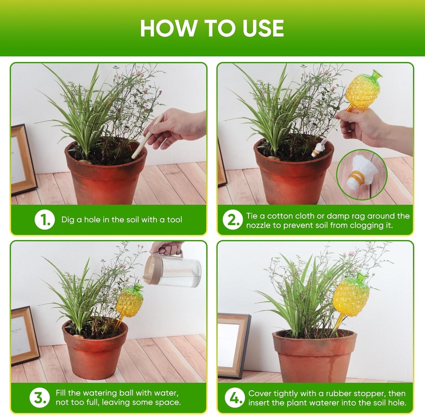 3 PCS Pineapple Shaped Glass Self-Watering Stakes – Large Capacity 270ml Automatic Plant Watering Globes for Indoor & Outdoor Gardening