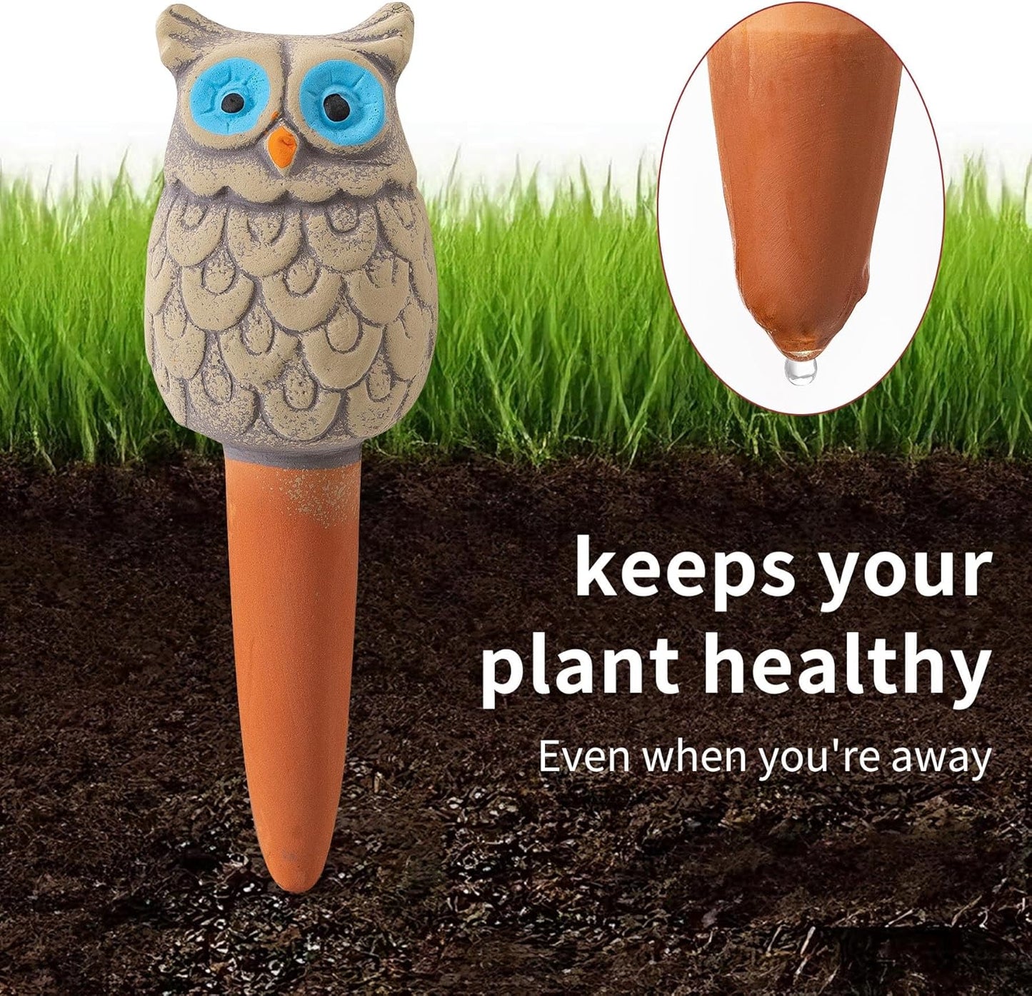 Owl-Shaped Terracotta Self-Watering Spikes | Decorative Automatic Plant Waterer | 4 Pack