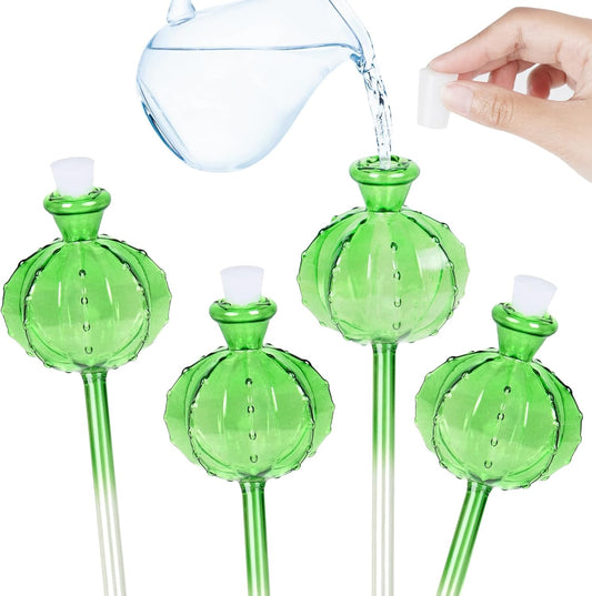 4 PCS Green Glass Self-Watering Globes – Automatic Plant Watering Stakes for Indoor & Outdoor Potted Plants