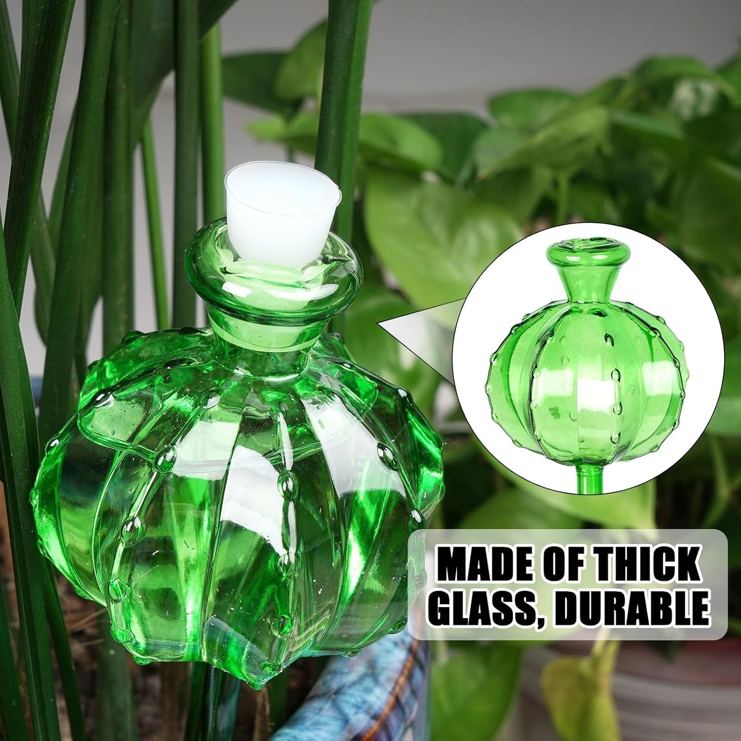 4 PCS Green Glass Self-Watering Globes – Automatic Plant Watering Stakes for Indoor & Outdoor Potted Plants