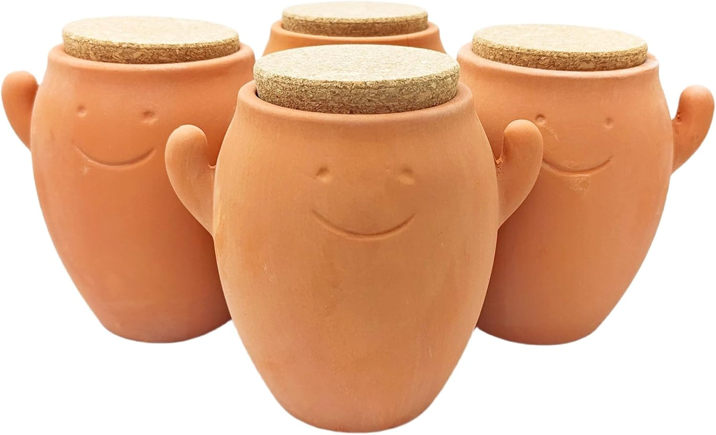 4 PCS Smiley Face Ceramic Self-Watering Pots with Cork Lids – Automatic Plant Irrigation Stakes for Indoor & Outdoor Gardening