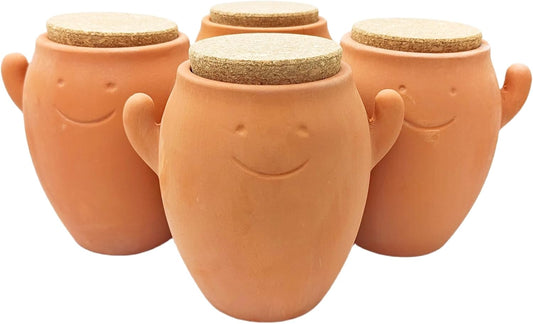 4 PCS Smiley Face Ceramic Self-Watering Pots with Cork Lids – Automatic Plant Irrigation Stakes for Indoor & Outdoor Gardening