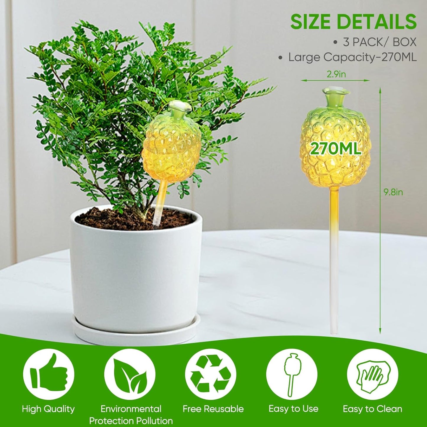 3 PCS Pineapple Shaped Glass Self-Watering Stakes – Large Capacity 270ml Automatic Plant Watering Globes for Indoor & Outdoor Gardening