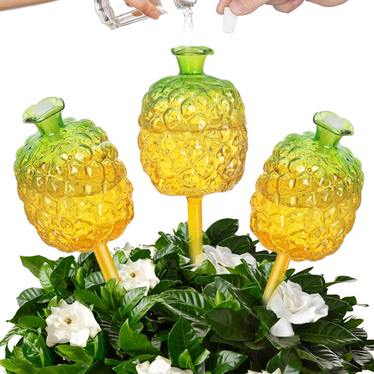 3 PCS Pineapple Shaped Glass Self-Watering Stakes – Large Capacity 270ml Automatic Plant Watering Globes for Indoor & Outdoor Gardening