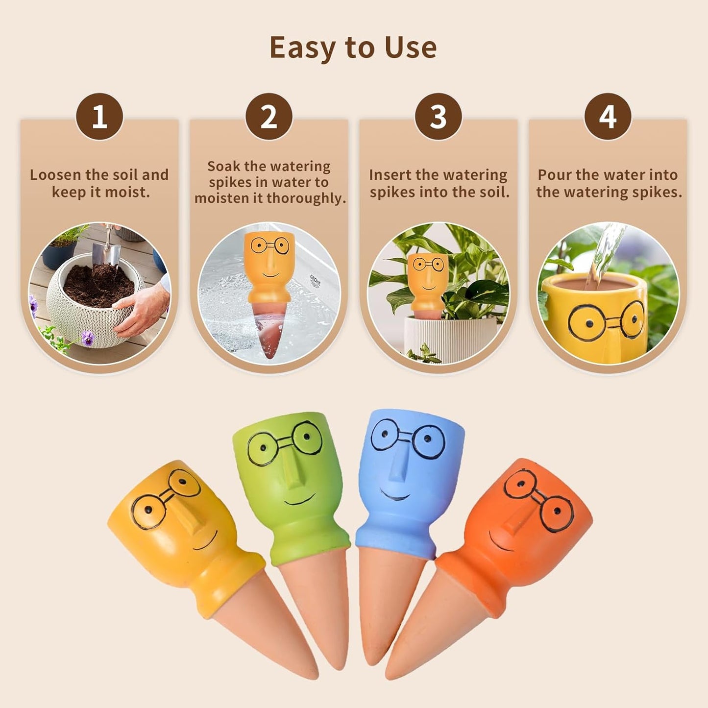 4 PCS Creative Face Design Plant Watering Globes – Colorful Ceramic Self-Watering Stakes for Indoor & Outdoor Gardening
