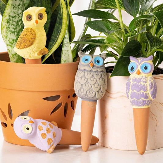 Owl-Shaped Terracotta Self-Watering Spikes | Decorative Automatic Plant Waterer | 4 Pack