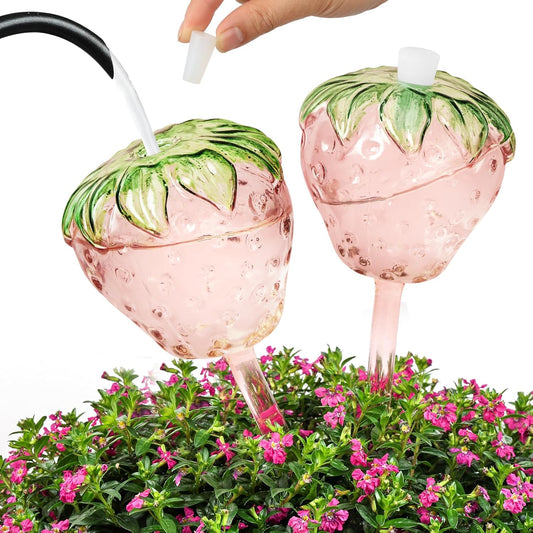 Strawberry Shaped Glass Plant Watering Globes | Automatic Self-Watering Bulbs | 2 Pack