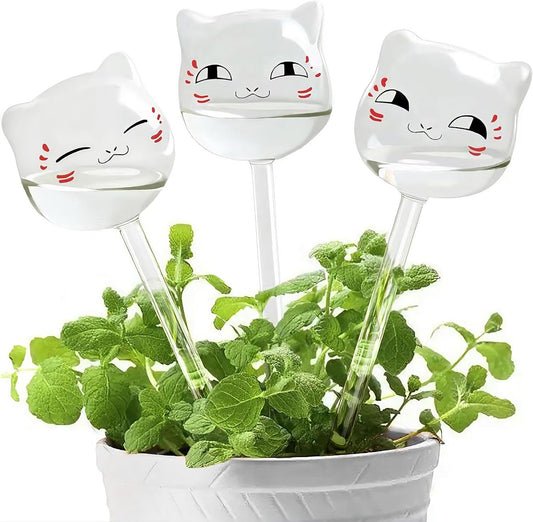 3 PCS Cute Cat Glass Self-Watering Stakes – Cartoon Style Automatic Plant Watering Globes for Indoor & Outdoor Pots